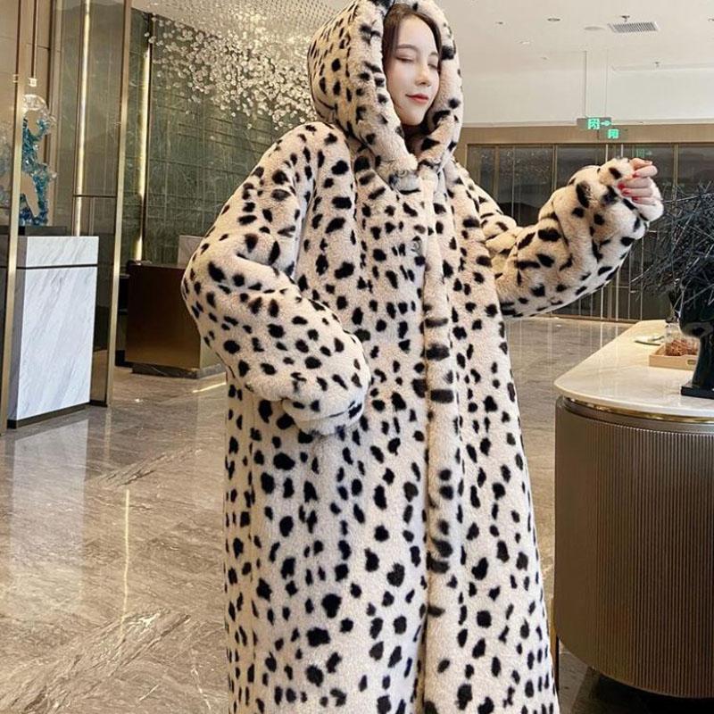 Faux Fur Jacket Winter Ladies Fashion Leopard Print Hooded Thick Warm Mid-length Fur Coat