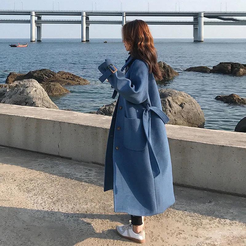 Haze Blue Woolen Coat Women's Mid-length Autumn and Winter Student Loose Hepburn Style Woolen Coat