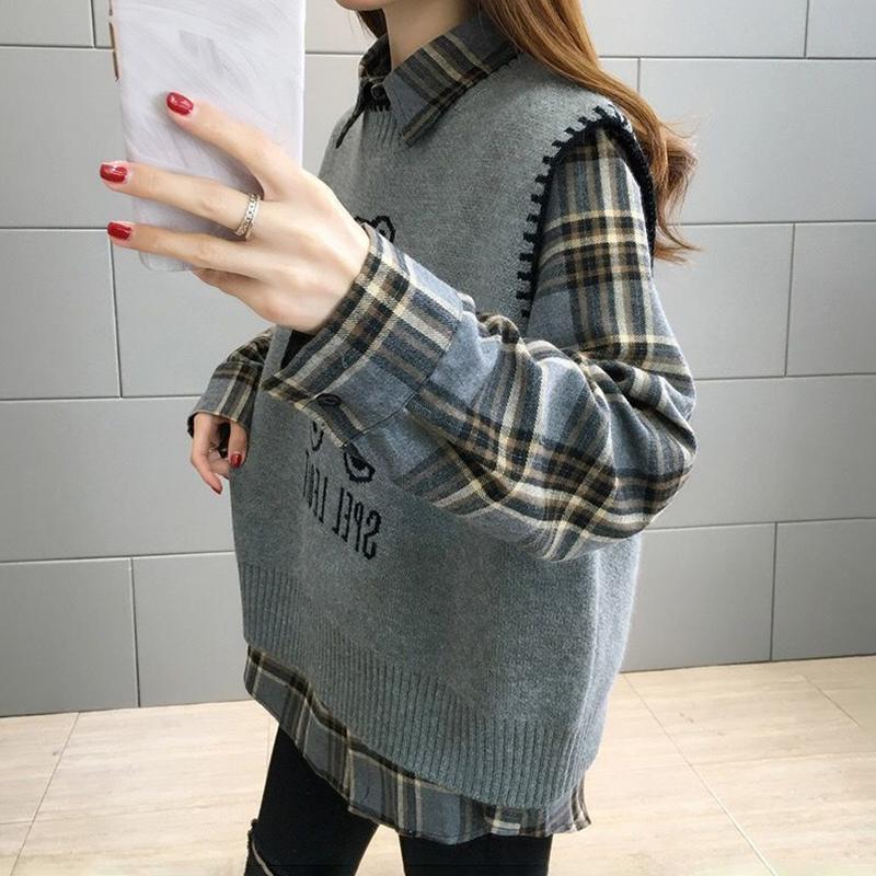 Bear Knitted Vest Jacket Women Autumn and Winter Loose Sweater Vest Shirt Suit Long-sleeved POLO Collar To Keep Warm and Comfortable