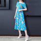 Ice Silk Elegant Printed Short-sleeved Dress Temperament Elasticated Waist Thinner Women's Floral Pattern Dress Light Fabric Comfortable and Soft