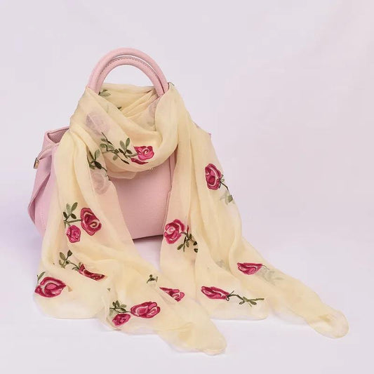 Female Spring and Autumn Simulation Silk Embroidery Scarf Long Rose Embroidery Scarf Shawl Gauze Scarf Solid Floral High Quality Wrap Shawl Neck Cover