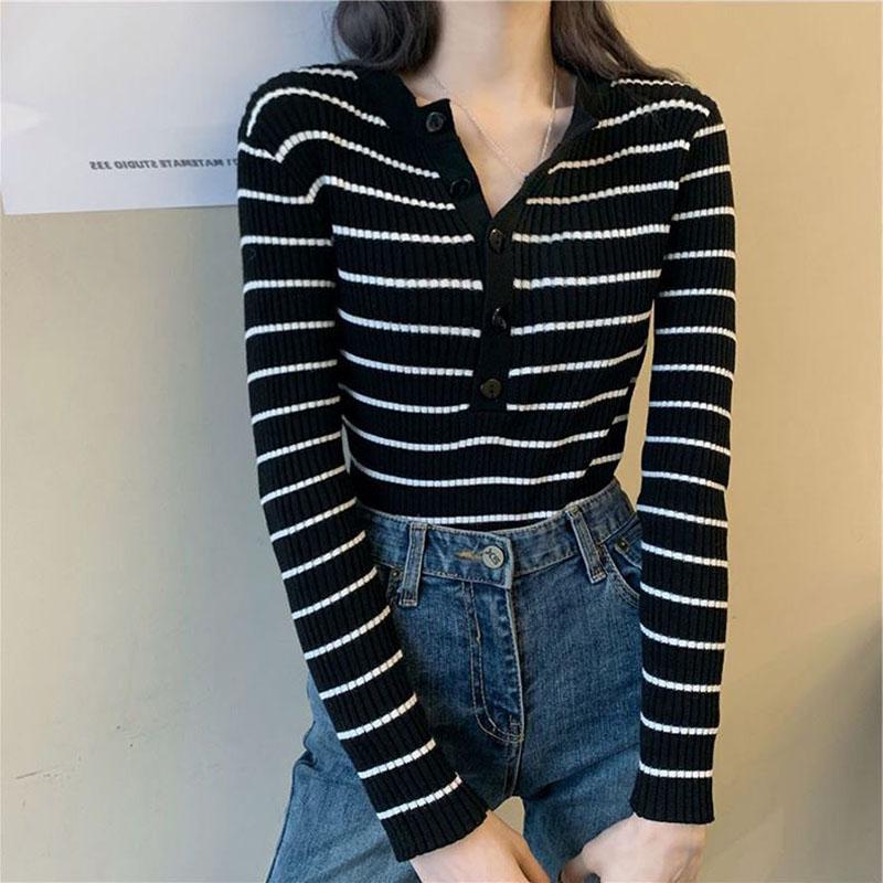 Spring and Autumn Slim Coat Striped Pattern Knitted Sweater Simple Female Female Top