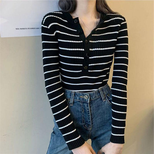 Spring and Autumn Slim Coat Striped Pattern Knitted Sweater Simple Female Female Top