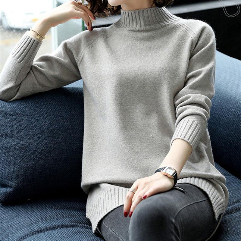 Autumn and Winter Half High Neck Loose Sweater Mid-length Pullover Knit Bottoming Shirt Plus Size Casual Women's Top