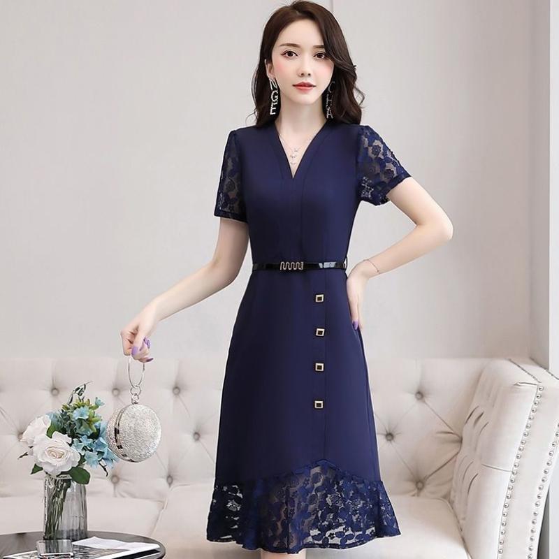 2021 Summer New Dresses Female Large Size Long Western-style Mother Summer Dress Waist Lace Stitching A-line Skirt