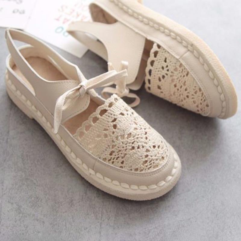 Women's Retro Soft Sole Sandals Women's Hollow Head Breathable Flat Shoes Women's Anti-skid Retro Moccasin Sandals Loafers