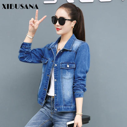 Denim Jackets Cotton Single-breasted Solid Ladies Turn-down Collar Spliced Autumn Outerwear Hole Coat Tops Female