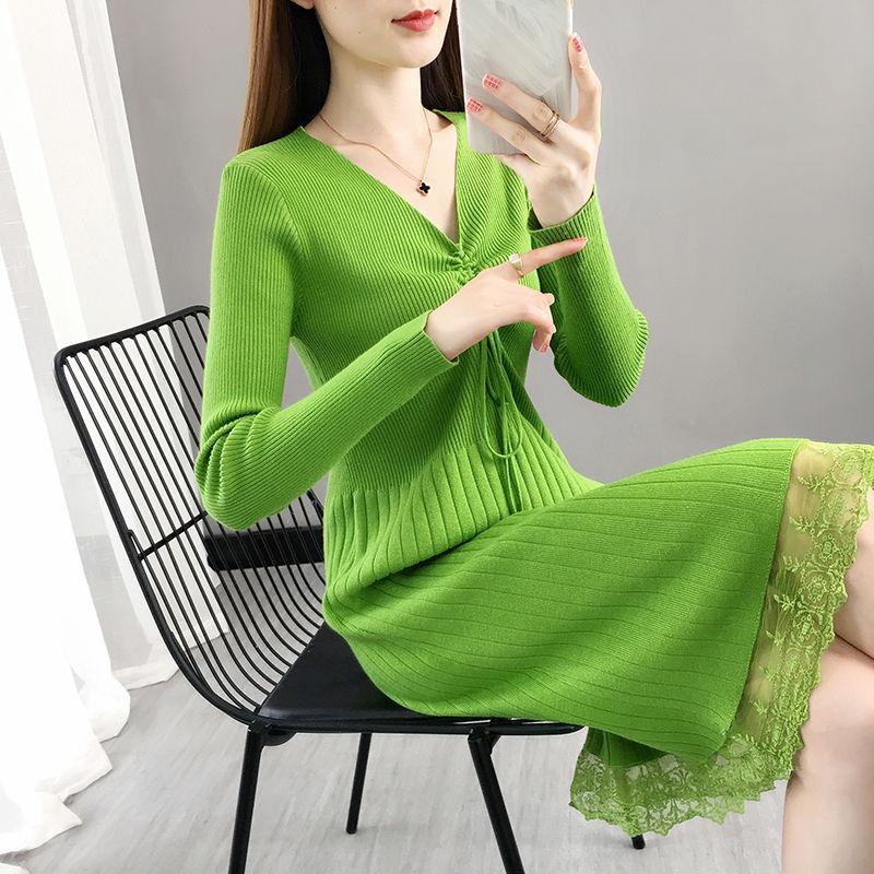 Autumn and Winter Long-sleeved Lace Base Dress Plus Size Knitted Over-the-knee Dress Fashion V-neck Women's Sweater Dress