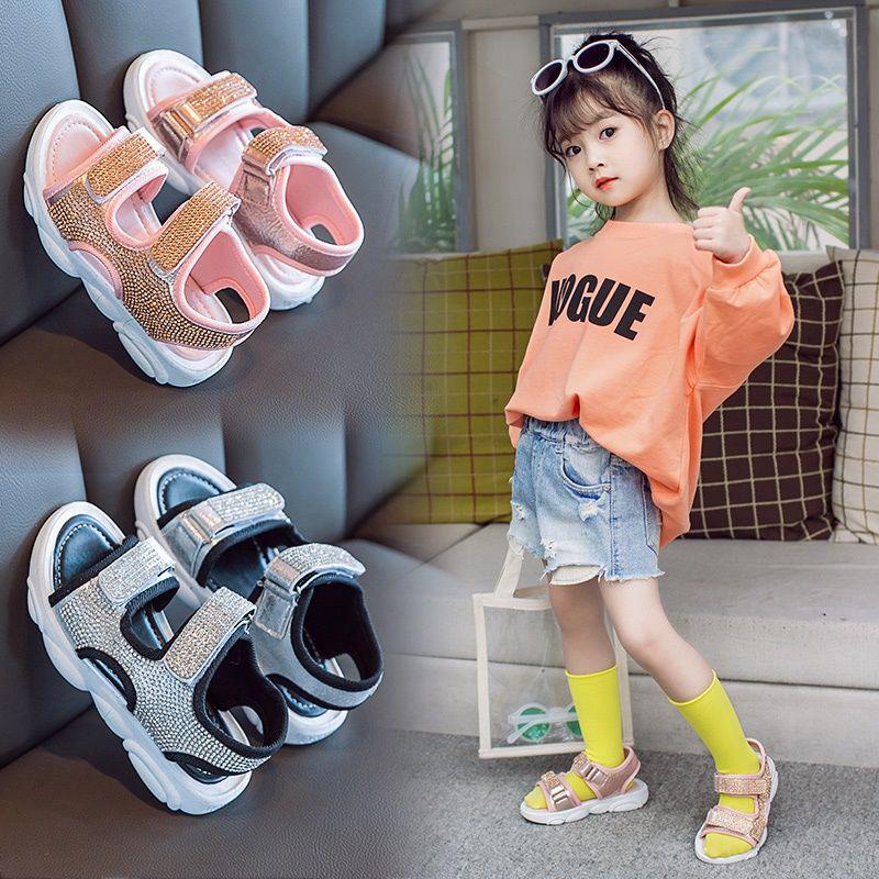 Girls Summer Bright Diamond Sandals Little Girls Children Students Flat Princess Shoes Soft Bottom Baby Beach Breathable Lightweight Shoes