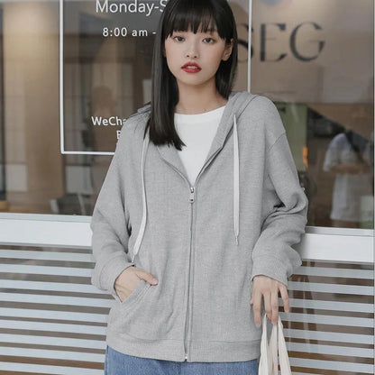 Schoolgirls Thin Long Sleeve Hooded Sweater Cardigan Jacket Waffle Sweater Ladies Zipper Jacket Top Casual Loose Coat