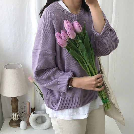 3 Colors Girly Warm Solid Purple O-Neck Loose Sweater Blouse Simple Color Chic Sweaters