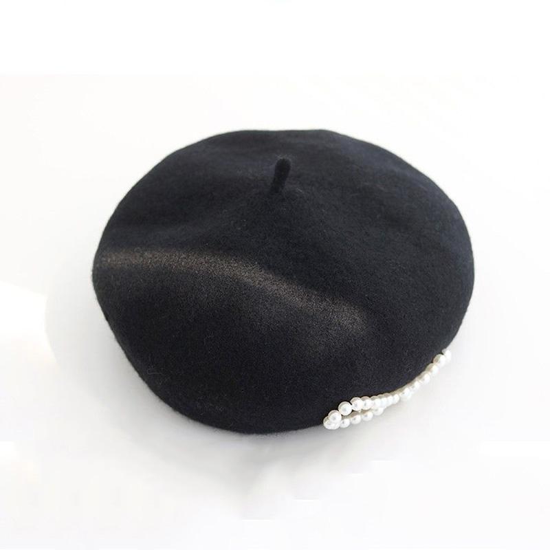 Retro Pearl Bow Beret Hat Women's Spring Autumn Retro Wool Blend Painter Hat All-match Elegant Black Hat