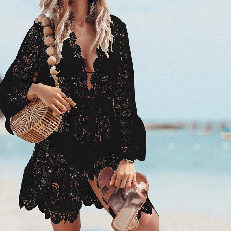 Women Summer Hollow Out Beach Coat Deep V-Neck Lace Dresses Bikini Blouse Sun Protection Clothing