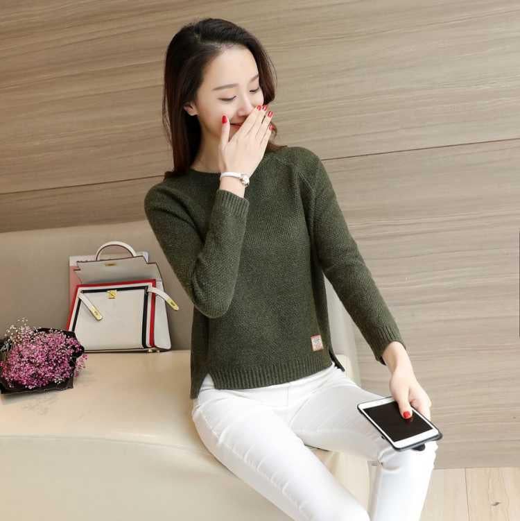 Autumn and Winter Knitted Sweater Short Round Neck Loose Top Simple Long-sleeved Women's Bottoming Shirt