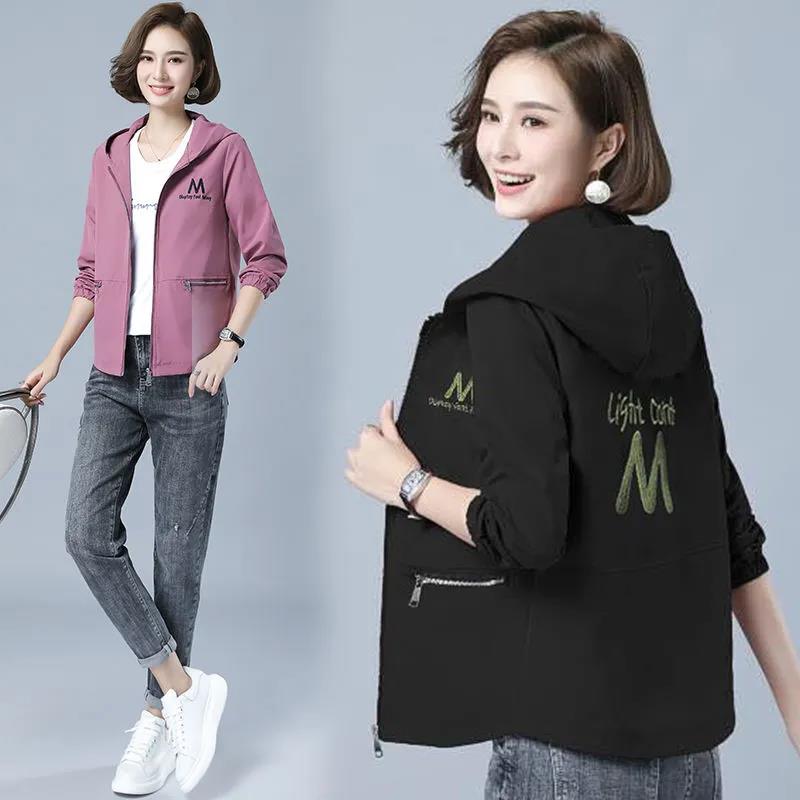 Hooded Five Tone Windbreaker Jacket Zip Pockets Coats and Jackets  Autumn Women Clothes Long Sleeves Outwear