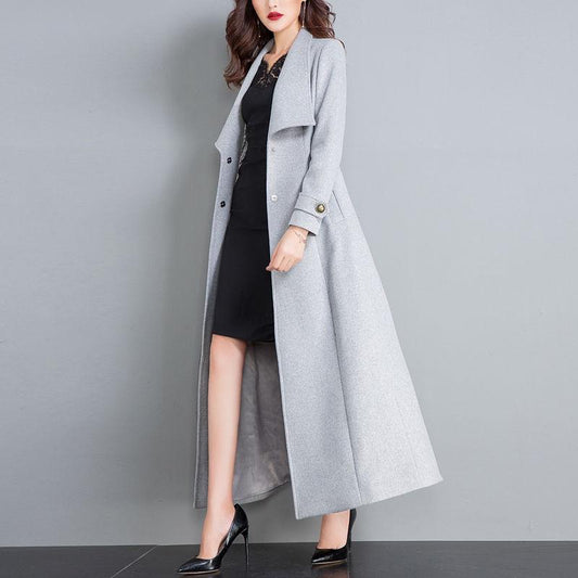 Women's High Grade Elegant Thickened Long Sleeve Cashmere Wool Long Thin Warm Windbreaker