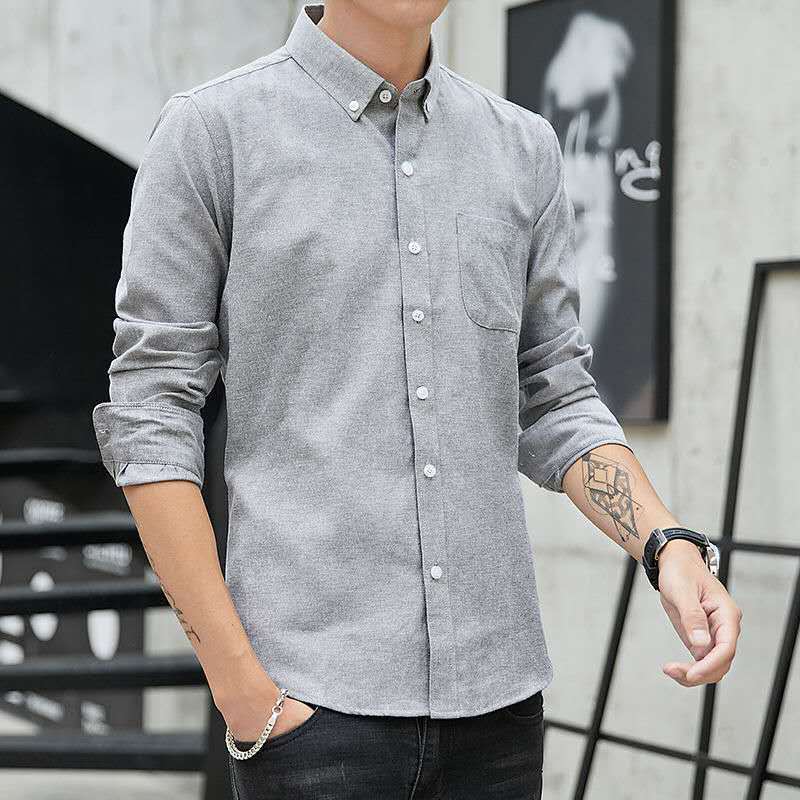 Solid Color High-quality Long-sleeved Shirts Men's Casual Korean Version Middle and Young Students Oxford Spinning White Shirts Spring and Autumn