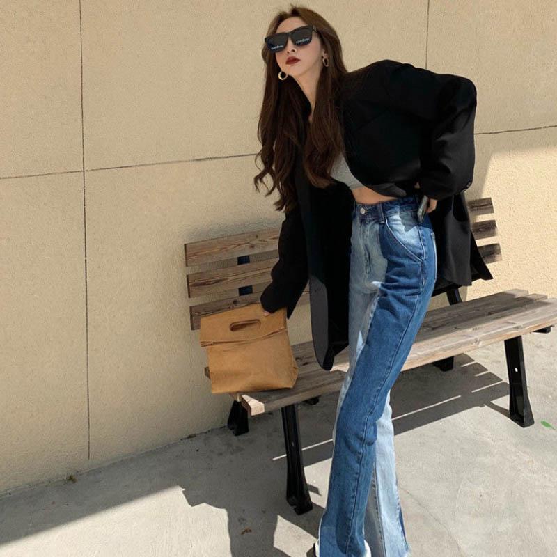 Spring and Autumn Design Site Splicing Cork Delicious Jeans Women Loose High Waist Hundred Ports