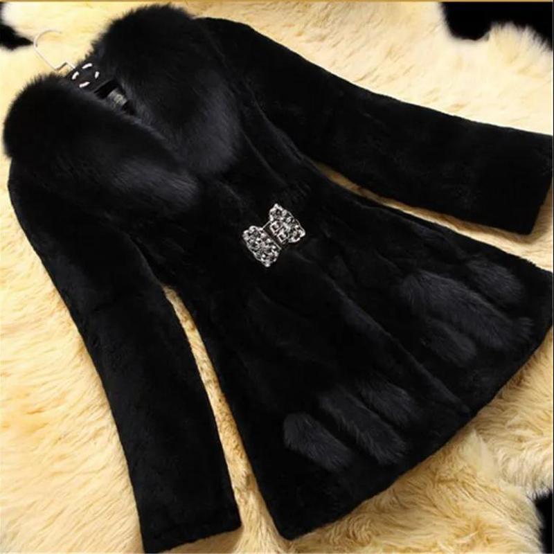 Faux Mink Fleece Ladies Jacket Mid-length Autumn and Winter Plush Faux Fur Coat Female Imitated Fox Fur Collar Warmth and Thinness