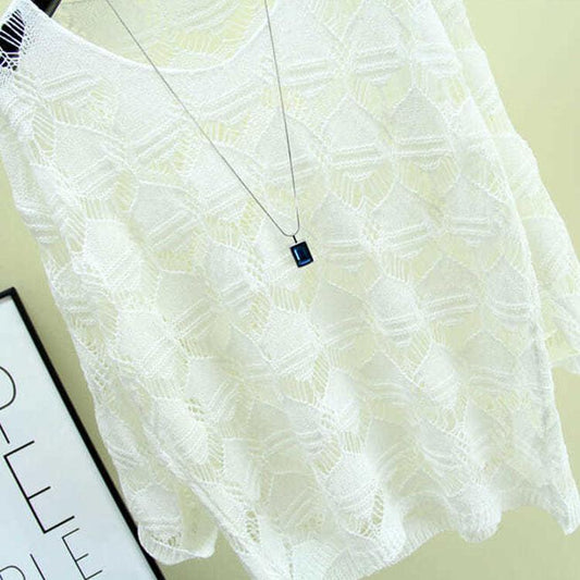 Hollow Wave Knitted Sweater Summer Pullover Thin Loose Sunscreen Shirt Women's Perspective Solid Color Top Loose Blouse for Female