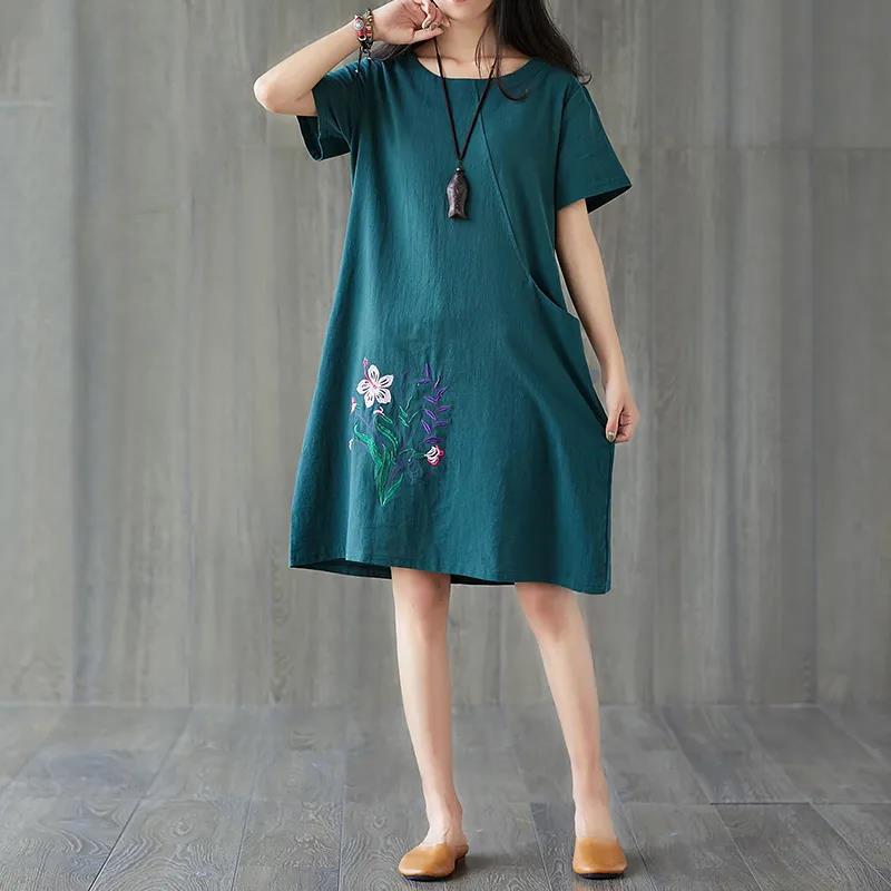 Women's Summer Cotton Hemp Loose Large Size Embroidered Dress Short Sleeve Solid Color Casual Mid-length Dress