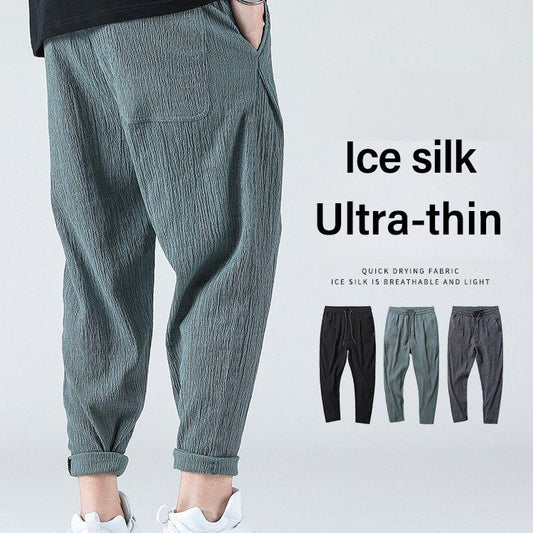 Summer Ninth Pants Ultra-thin Ice Silk Trend Loose Cotton Linen Casual Pants Straight Linen Trousers Men's Summer