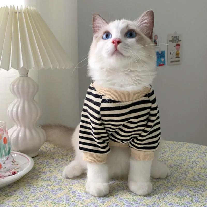 Pet Cat Autumn Clothes Striped Two-legged Sweater British Short Puppet Cat Two-legged Sweater Classic Comfortable Knitwear Cat's Outerwear