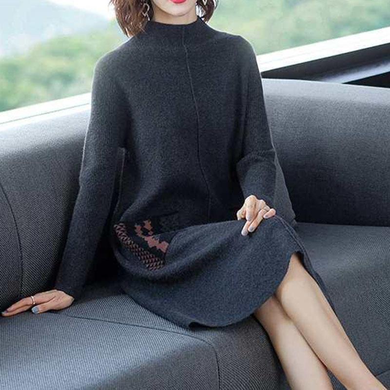 Autumn and Winter Knitted Slimming Dress Mid-length Loose and Simple Base Skirt Fashion Casual Middle-aged Women Sweater Dress