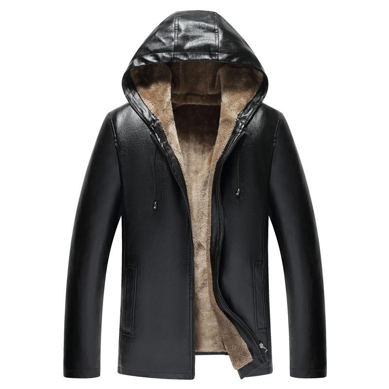 Autumn and Winter Handsome Warm and Velvet Thick Leather Jacket Men's Jacket with Hood and Velvet Thick Fur Jacket Parka Coat