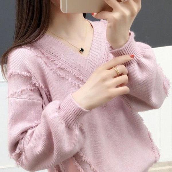 Spring and Autumn V-neck Sweater Pullover Solid Color Long-sleeved Casual Jacket Loose Young Women's Bottoming Shirt