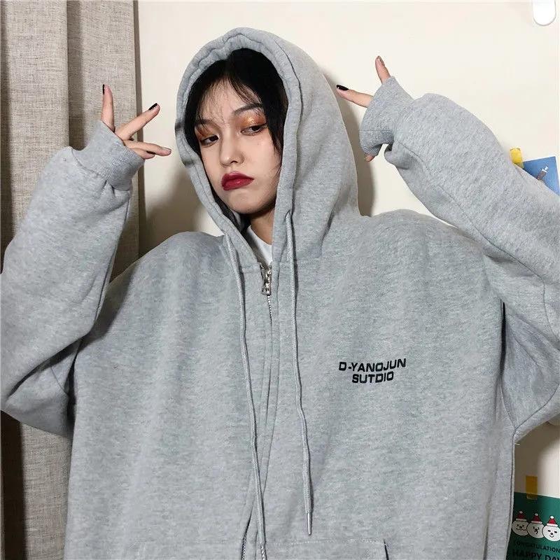 Female Autumn Hooded Cardigan Sweater Student Mid-length Top Coat Ins Girl's Loose Jacket Zipper Coat Long-sleeved Hooded Sweater Women Cardigans