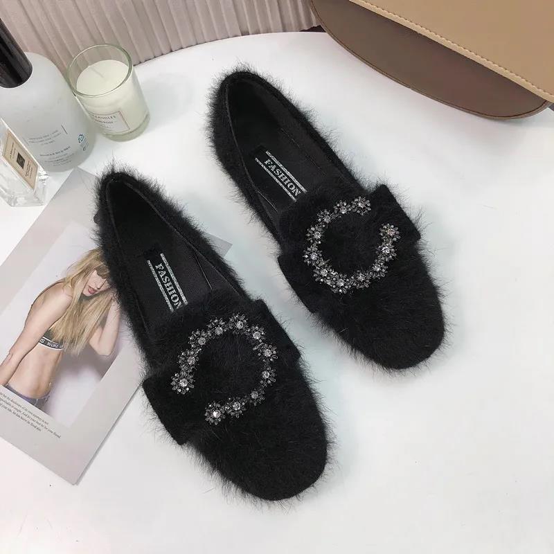 Peas Shoes Women Wild Furry Overshoes Women Casual Flat Single Shoes Furry Shoes Ladies Temperament Moccasin Shoes