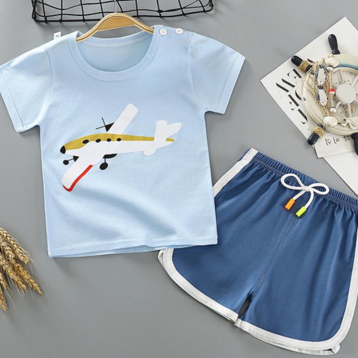 Children's Short Sleeve Suit Korean Style Printing Boys and Girls' T-shirt and Shorts Two Piece Set