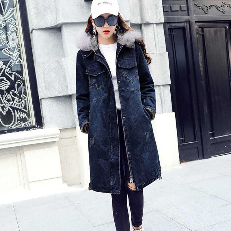 Winter Coat Women's Mid-length Korean Style Loose Thick Plus Cashmere Lamb Wool Cotton Coat Denim Jacket Cotton Jacket