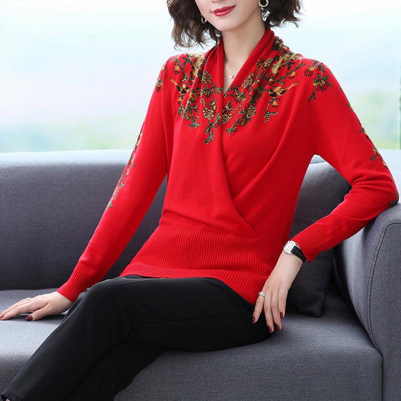 Women Vintage Printed  Woollen Sweater Short Loose Sweater Female V-neck Pullover Jumper Knit Outwear