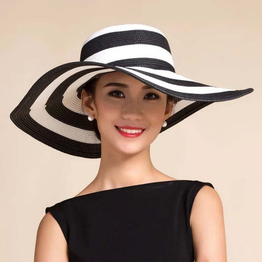 Outdoor Black and White Striped Beach Hat Large Brim Sun Hat Women Elegant Sun Cap Visor Protective Hat Temperament Beach Hat Casual Straw Hat