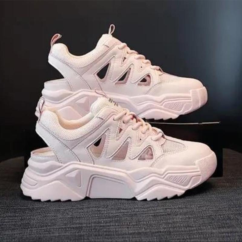 Hollow Dad Shoes Summer Models Breathable Solid Color High-heeled Women's Thick-soled Lace-up Casual Sports Shoes Women