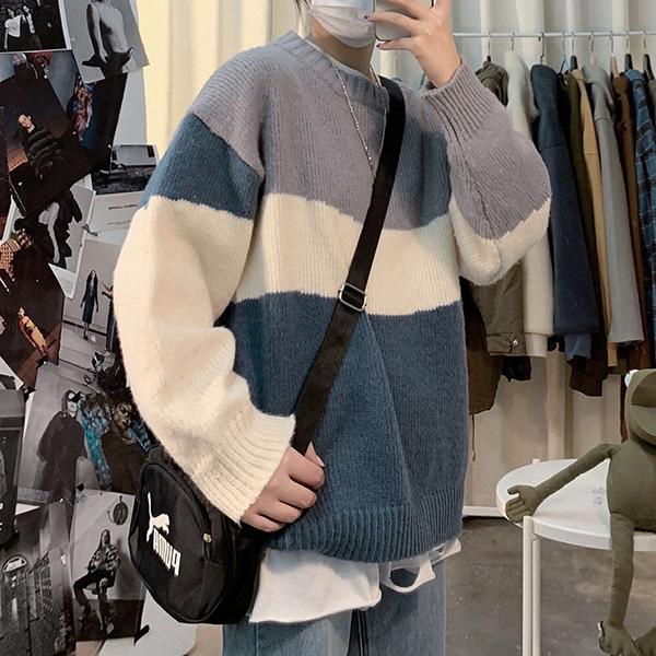 Autumn and Winter Round Neck Men's Sweater Student Loose Color Matching Jacket Long-sleeved Striped Bottoming Shirt