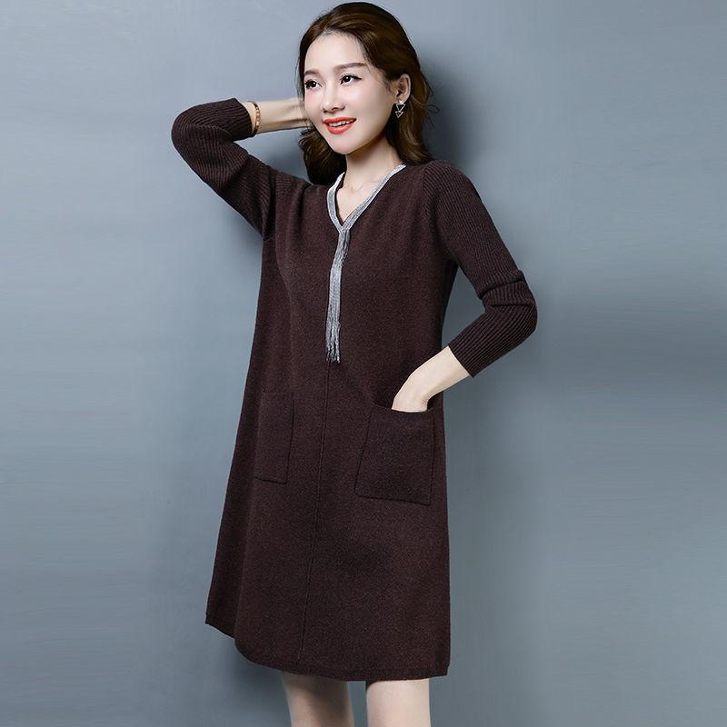 Autumn and Winter Knitted Simple Dress Mid-length Fashion Casual Bottoming Skirt Middle-aged Women Sweater Dress