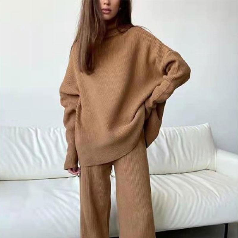 2PCS Long Sleeve Sweater Wide Leg Pants Trousers Loose Turtleneck Knit Sweater Casual Two Piece Sweater Set Solid Color Sweat Suits For Women