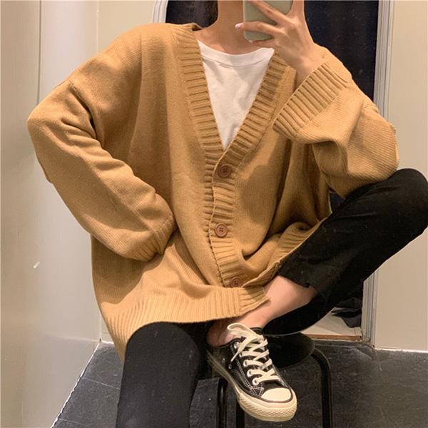 Teen Jacket Female Slim Loose All-match Button Knit Cardigan Jacket Female Solid Color Loose V-neck Sweater