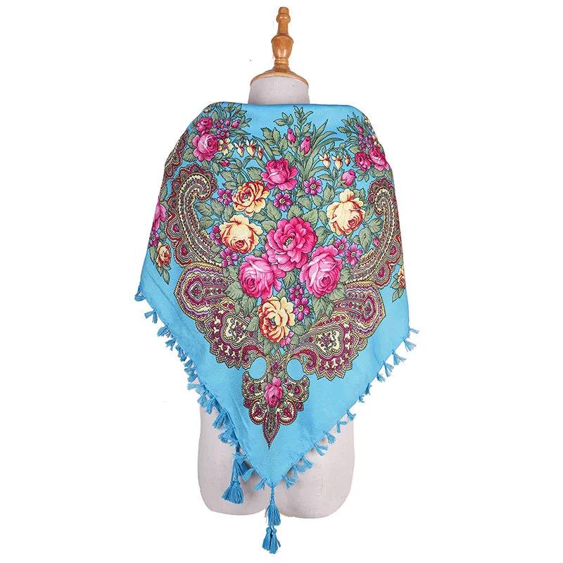 Women's Ethnic Style Square Scarf Printed Shawl Fringed Cotton Scarf Autumn and Winter Warm Embroidered Shawl Multifunctional Turban Shawl Scarf