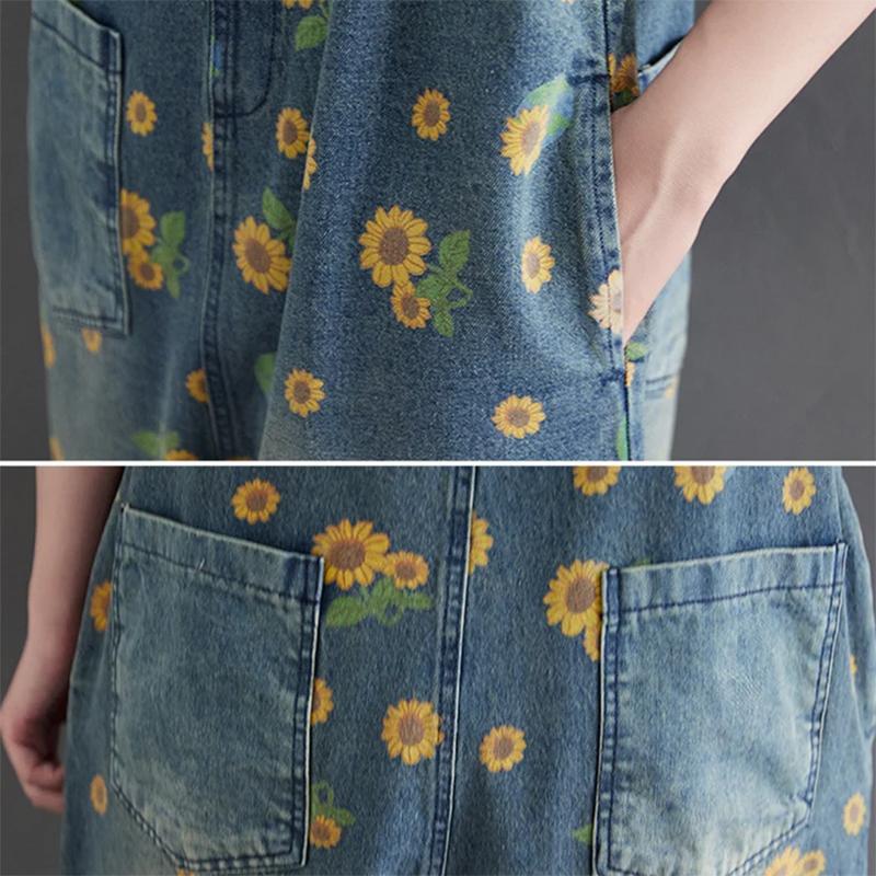 Women Denim Overalls, Sunflower Print Jumpsuits, Loose Wide Leg Pants, Oversized Baggy Ladies Pantst, Retro Trousers