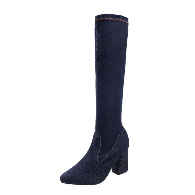 High Boots Female Pointed High-heeled Hole Denim Skinny Legs Over The Knee Boots Single Boots 35-42