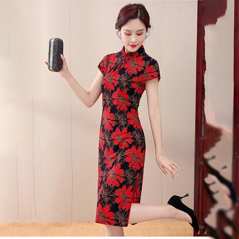 High-end Cheongsam Dress Fat Mother Covering Belly Loose Improved Version Dress Floral Ice Silk Cheongsam Women