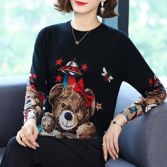 Autumn and Winter Women's Knitted Sweater Cartoon Print Sweater Round Neck Pullover Long Sleeve Bottoming Shirt Loose Fashion