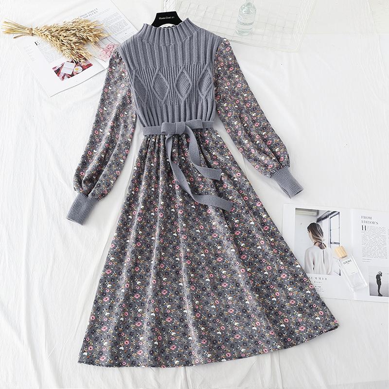 Autumn  Winter Corduroy Dress Women's Knitted Stitching Long-sleeved Long Floral Dress Sweet A-line Dress with Belt