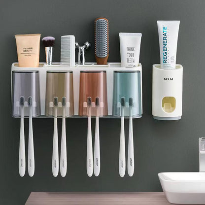 Toothpaste Dispenser Wall Mount Dust-proof Toothbrush Holder Wall Mount Storage Rack Bathroom Accessories Set Squeezer