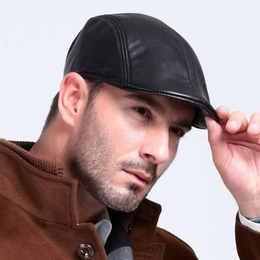 Autumn Winter Men's Leather Peaked Cap Middle-aged Elderly Spring Autumn Warm Cold-proof Beret Winter Dad Hat