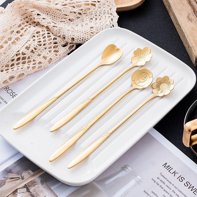 Creative Japanese Gold Stainless Steel Spoon Vintage Golden Coffee Tea Spoon Flower Sugar Dessert Tea Bar Coffee Tableware